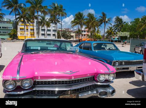 Classic Cars On Ocean Drive And Art Deco Architecture Miami Beach