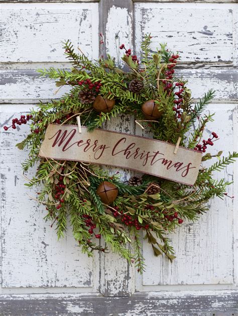 Pine Berry Jingle Bell Merry Christmas Wreath Rustic Christmas Wreath