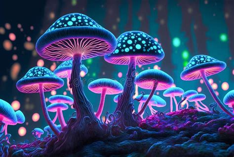 Glowing Spotted Fluorescent Mushrooms Mystic Luminescent Forest