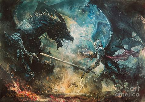 A Fantasy Dragon Battling A Knight In Shining Armor 2 Painting By