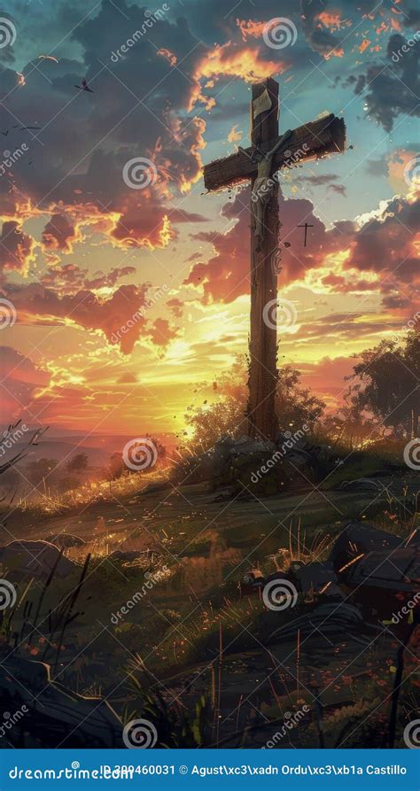 Rustic Cross Silhouette Against Fiery Sunset Sky Stock Illustration ...