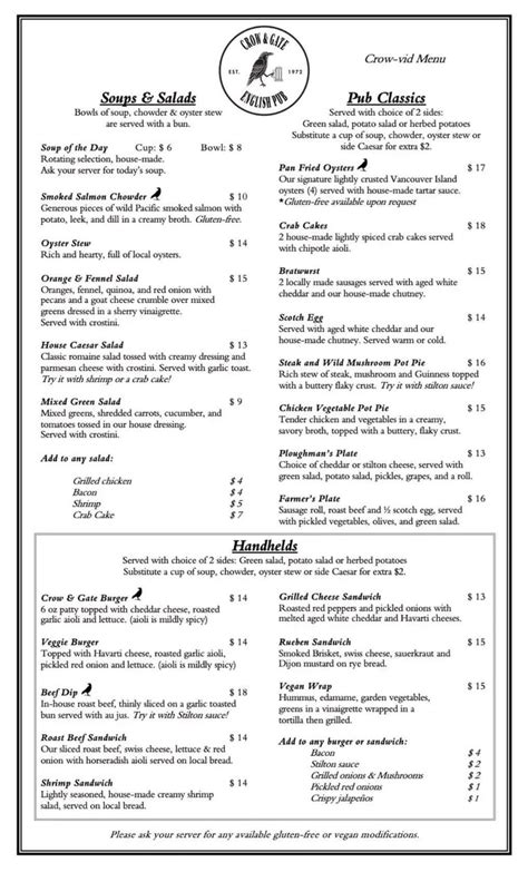 Menu At Crow Gate Pub Nanaimo