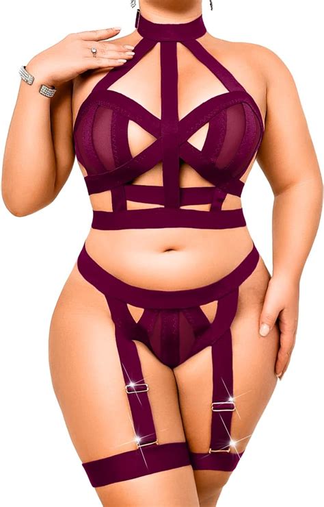 Amazon Chiaolezhee Curvy Lady S Strappy Lingerie For Women Plus Size Exotic Garter Thong