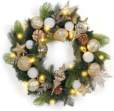 24 Inch Lighted Christmas Wreath with Golden Christmas Balls Ornaments ...