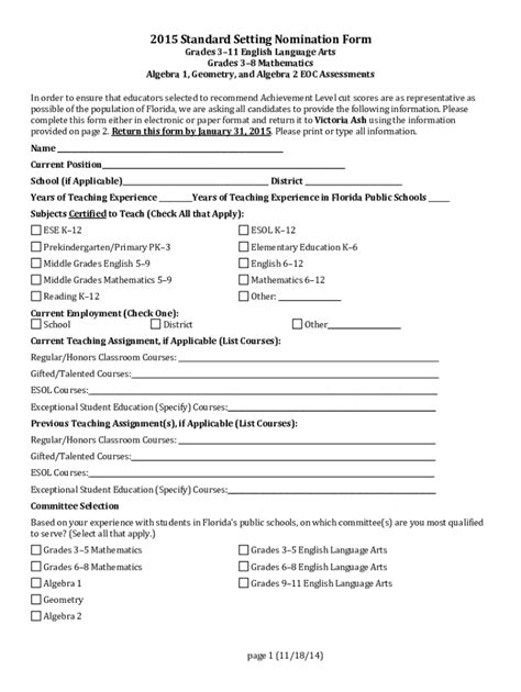 Fillable Online Info Fldoe Standard Setting Nomination Form