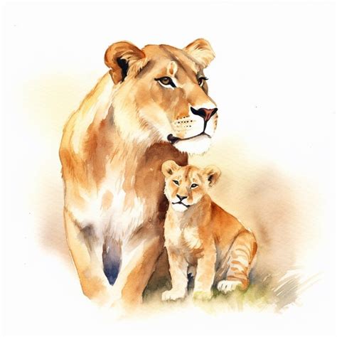 Premium AI Image Painting Of A Mother Lion And Her Cub Generative Ai