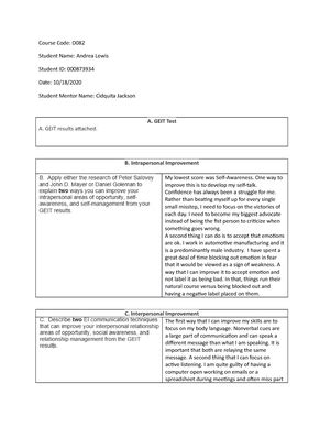 WGU D082 Emotional And Cultural Intelligence CHM1 TASK 1 CHM1