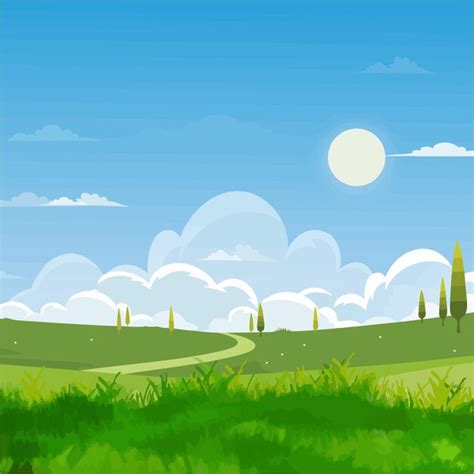 Premium Vector Vector Natural Scenery Sun Sky Grass And Trees