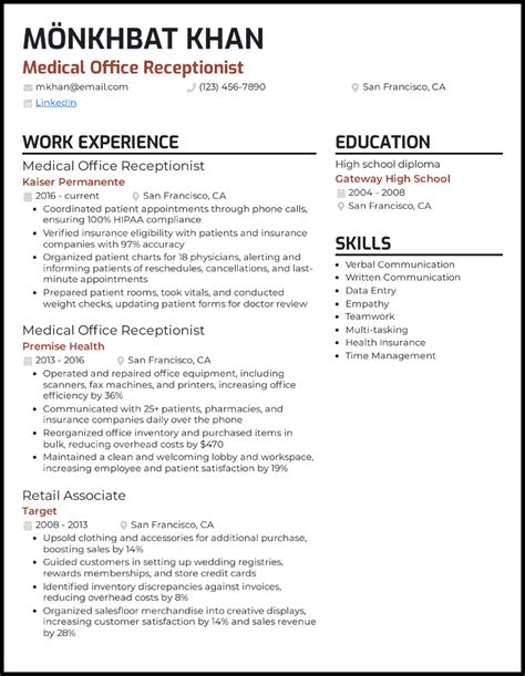 Medical Receptionist Resume Examples Templates