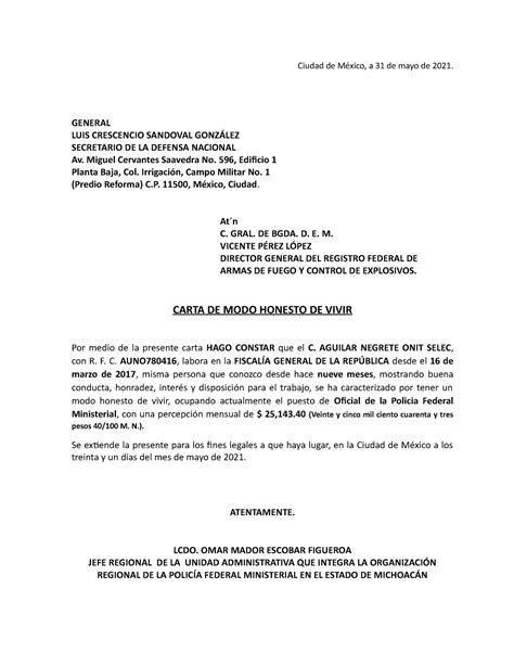 Carta DE MODO Honesto DE Vivir 31052021 Original Sin Datos Ciudad De