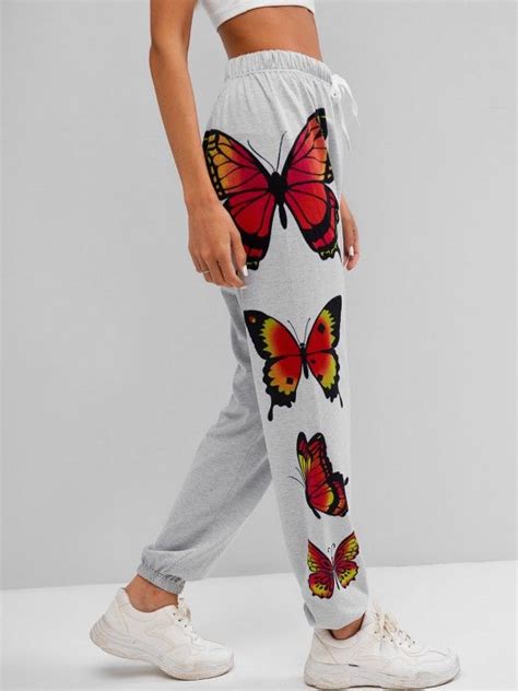 [44 Off] 2021 Zaful Drawstring Butterfly Print Jogger Pants In Light Gray Zaful Australia