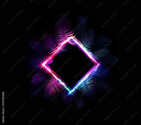 Neon Tropic Palm Leaves And Neon Frame For Summer Night Jungle Party