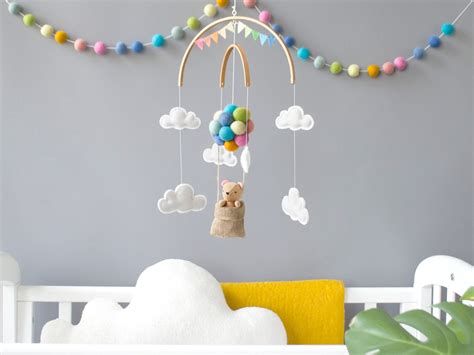 Teddy Bear Baby Mobile Hot Air Balloon In Pastel Colours And Clouds Rainbow Neutral Tones