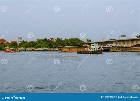 Views of the Chao Phraya River with Boats and Bridges in the Background Stock Photo - Image of ...