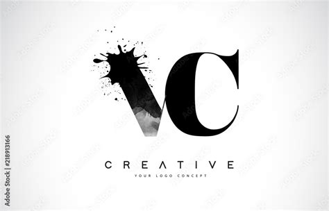 Vc V C Letter Logo Design With Black Ink Watercolor Splash Spill Vector