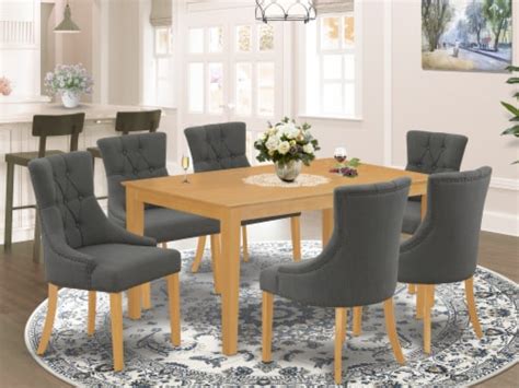 7pc Dinette Set Table And Six Chairs With Dark Gotham Grey Fabric Oak