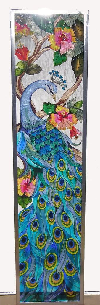 SPECTACULAR *PEACOCK * STAINED GLASS WINDOW PANEL