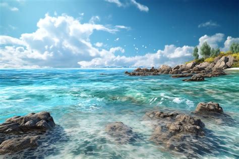 Premium AI Image Beautiful Seascape With Stones And Blue Sky