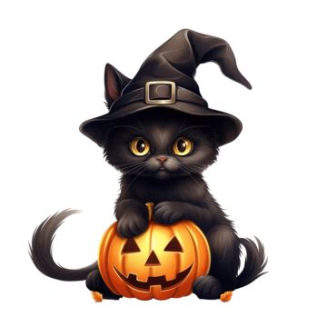 Cute Witch Cat Sitting On Pumpkin Halloween Holding Knife Cartoon