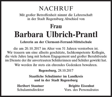 Traueranzeigen Von Barbara Ulbrich Prantl Mittelbayerische Trauer