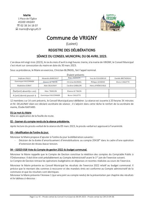 Conseil Municipal Du 06 Avril 2023 Vrigny Notre Village