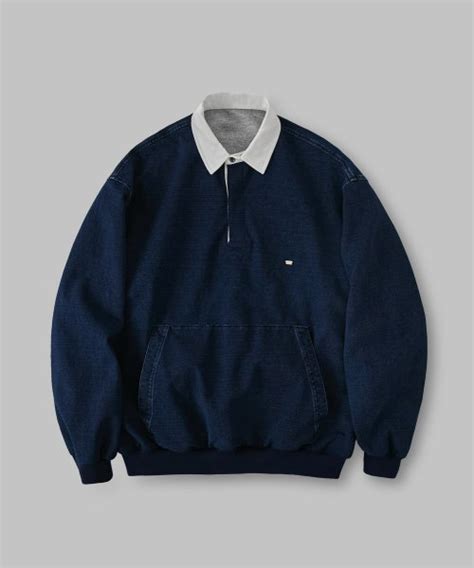 MUSINSA LAFUDGESTORE Washed Denim Over Rugby Sweatshirt Middle Blue