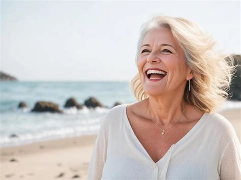 Portrait En Gros Plan D une Belle Femme Mature Souriant à La Caméra Sur La Plage Photo Premium