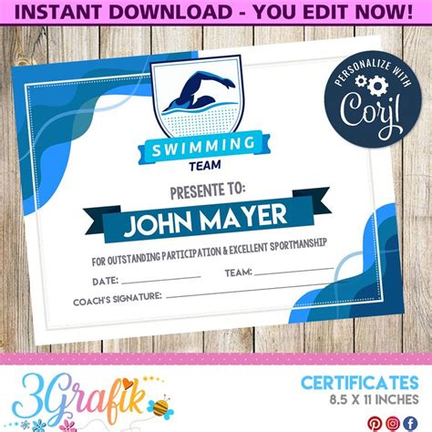 Editable Swimming Certificate Award, Swim Team Award Regarding Swimming ...