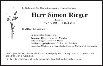 Traueranzeigen Von Gra Lfing Simon Rieger Mittelbayerische Trauer