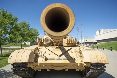 Closeup Looking Down The Barrel Of A Modern Heavy Armoured War Tank`s