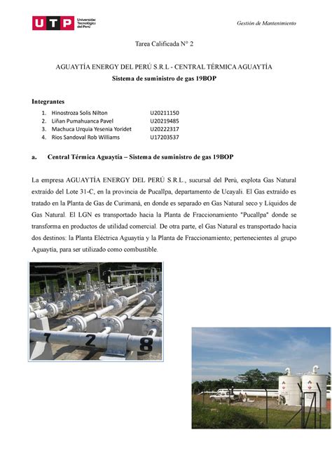 Acv S02 Tarea Calificada 2 Ecv Tarea Calificada N° 2 AguaytÍa Energy Del PerÚ S R Central