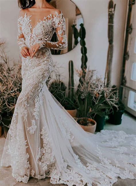 Trumpet Mermaid Illusion Neck Long Sleeves Lace Chapel Train Wedding