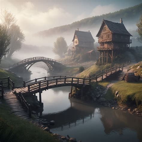 Small Settlement Foggy Bridge And River Dramatic