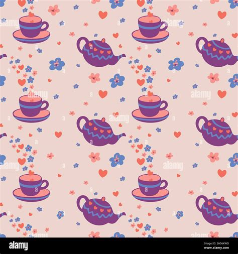 Vector Seamless Pattern With Teapots Cups Saucers Hearts And Flowers