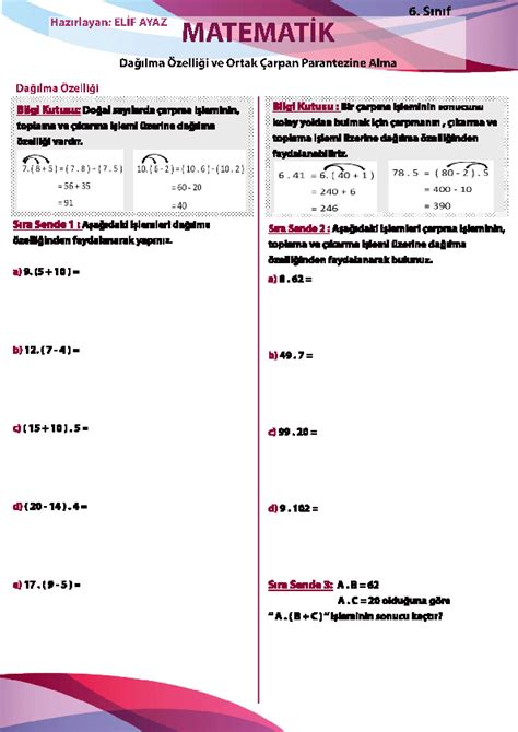 S N F Matematik Da Lma Ve Ortak Arpan Parantezine Alma Konu Zeti