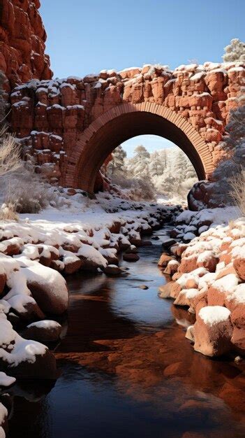 Premium AI Image | snow covered bridge over a frozen creek uhd wallpaper