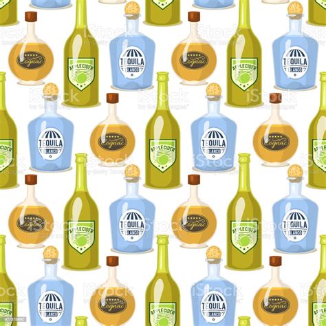 Alcohol Strong Drinks In Bottles Cartoon Glasses Seamless Pattern Background Whiskey Cognac