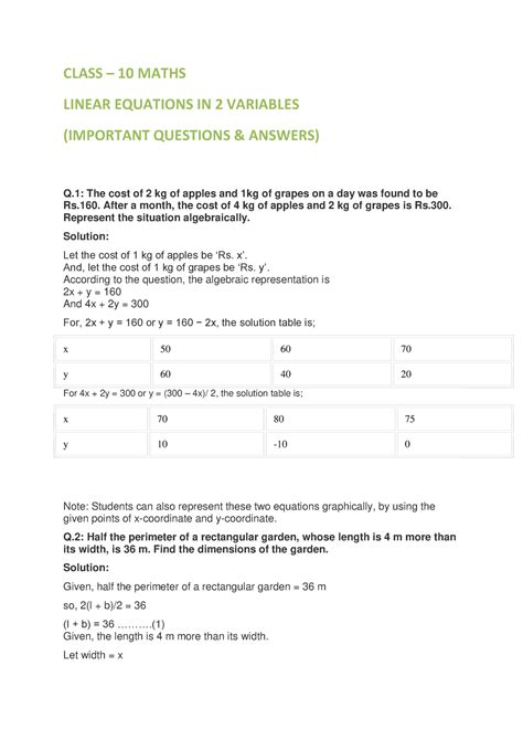 Linear Equations In 2 Variables Class 10 Maths Linear Equations In 2 Variables Important