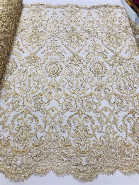 Champagne Beaded Fabric By The Yard Hand Embroidery Lace Bridal Veil