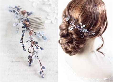 Braut Haarkamm in blau mit Perlen und Blüten Hochzeit Haarschmuck in