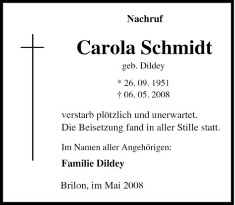 Traueranzeigen Von Carola Schmidt Trauer In Nrw De