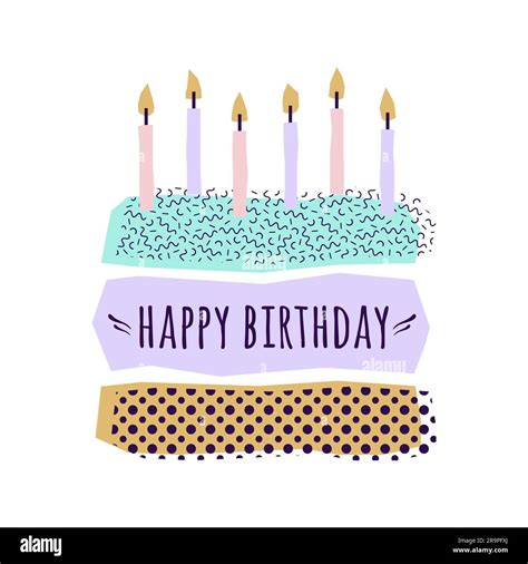 Vector Cute Happy Birthday Card With Cake Candles And Geometric