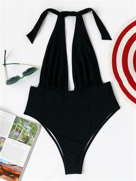 Plunge Neckline Halter Monokini Shein Sheinside