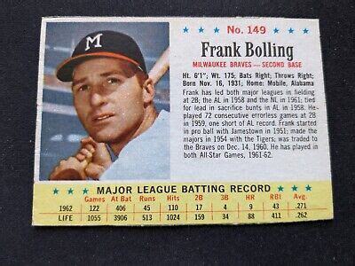 1963 Post Cereal Baseball Card 149 Frank Bolling Milwaukee Braves