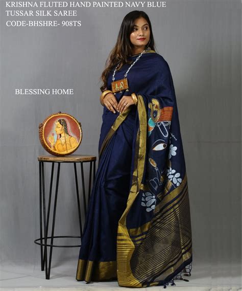 Blessing Home KRISHNA FLUTED HAND PAINTED NAVY BLUE TUSSAR SILK SAREE