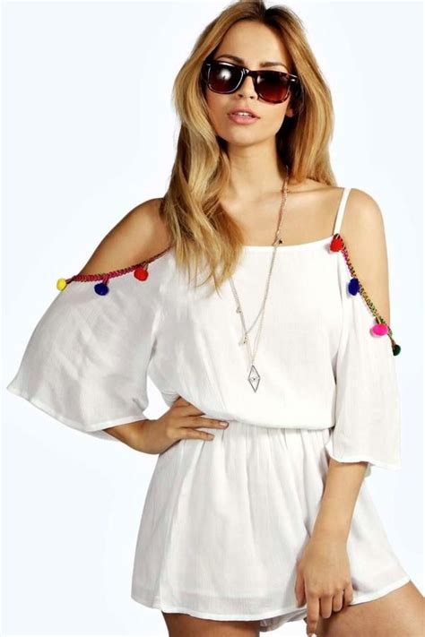 Kizzy Pom Pom Trim Open Shoulder Playsuit Festival Wear Festival