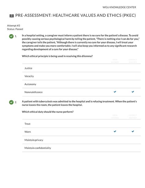 Wgu Healthcare Pre Assessment Healthcare Values And Ethics Pkec