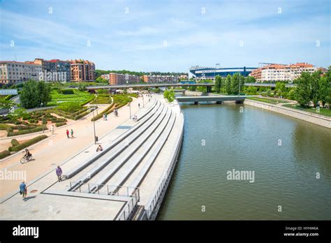 Madrid Rio park and river Manzanares from Toledo bridge. Madrid, Spain ...