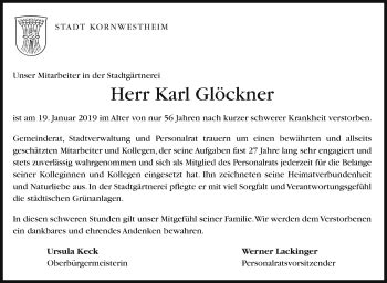 Traueranzeigen Von Karl Gl Ckner Stuttgart Gedenkt De