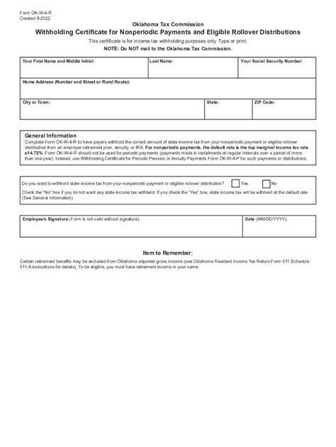 Fillable Online Form Ok W P Withholding Certificate For Periodic